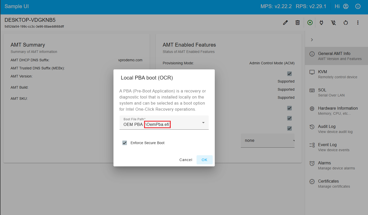 Figure 15: PBA Path registered with AMT